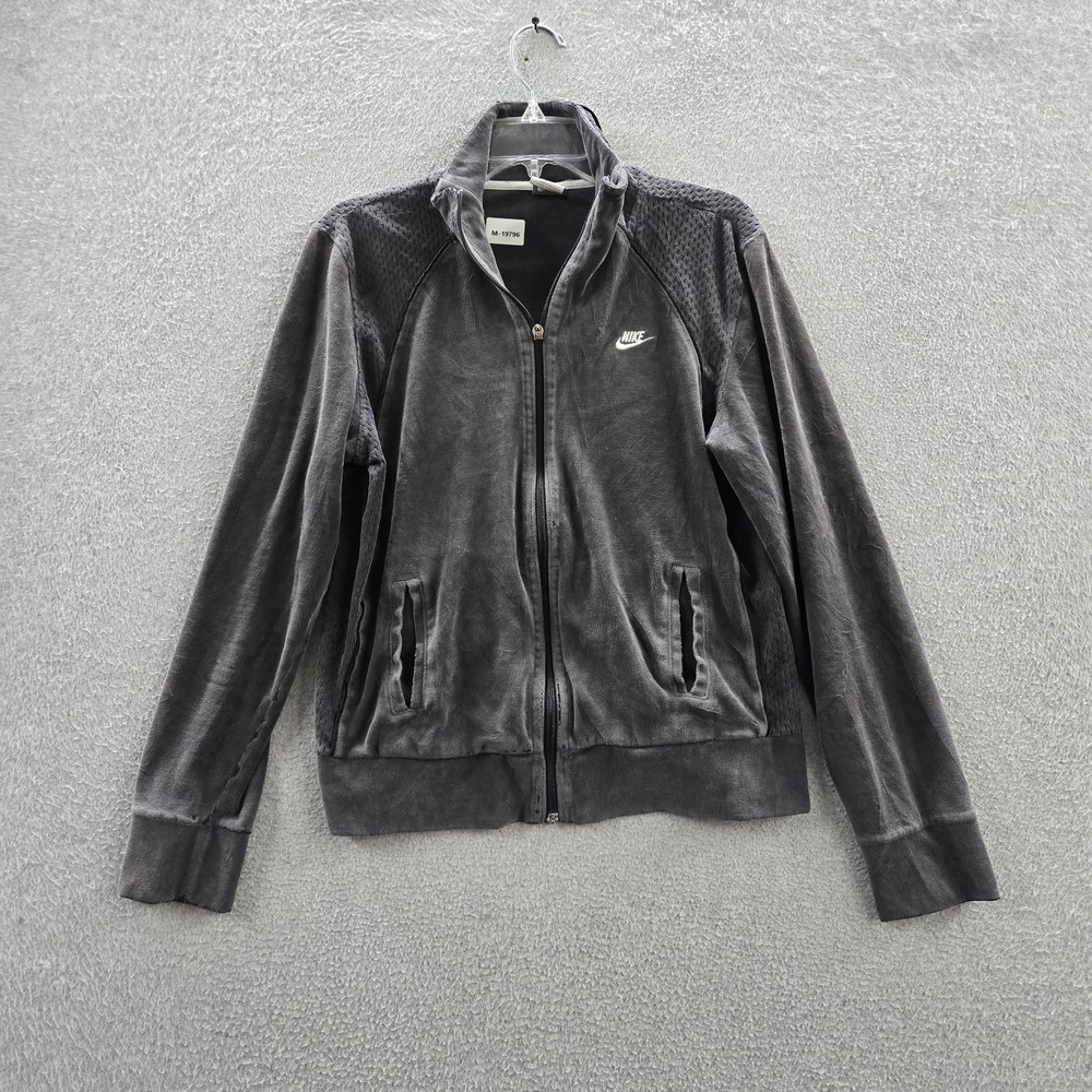 VINTAGE Nike Women Jacket L (12-14) Gray Y2K Embroidered Logo Zipper Velour READ